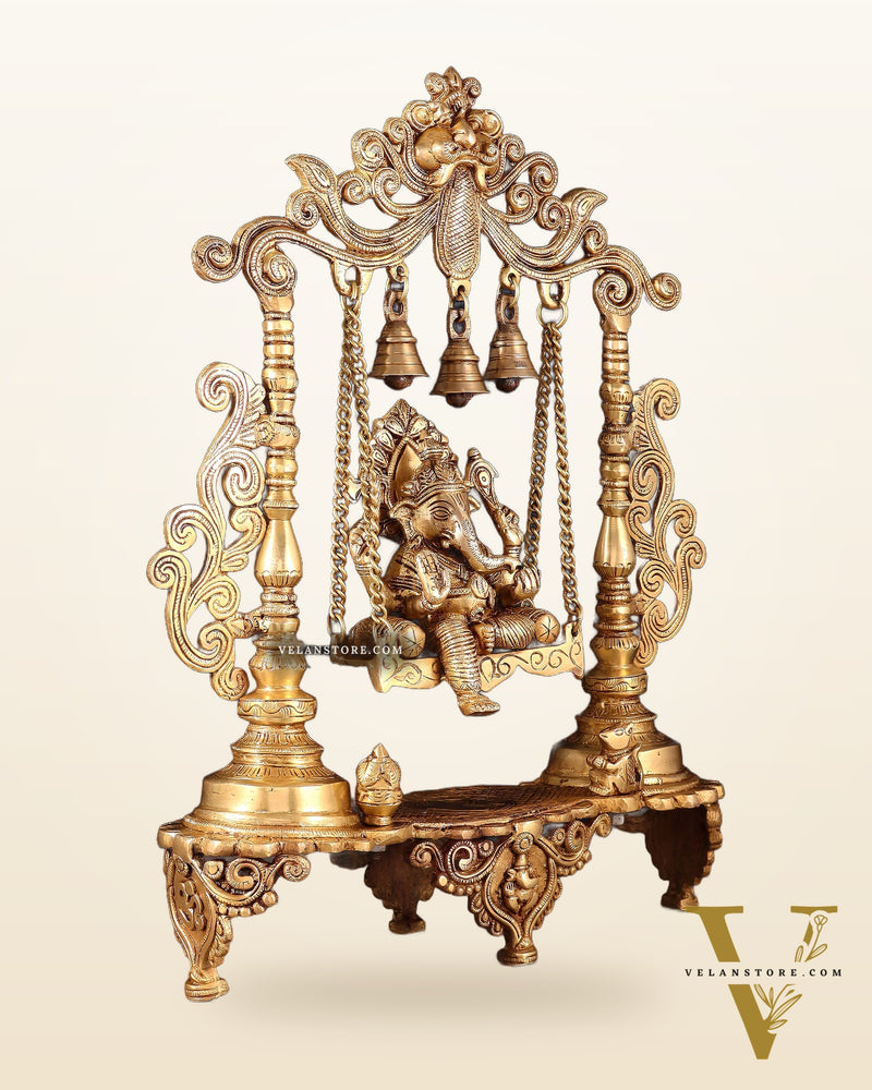 Handcrafted Ganesha on a Swing idol - Superfine Brass, 20"