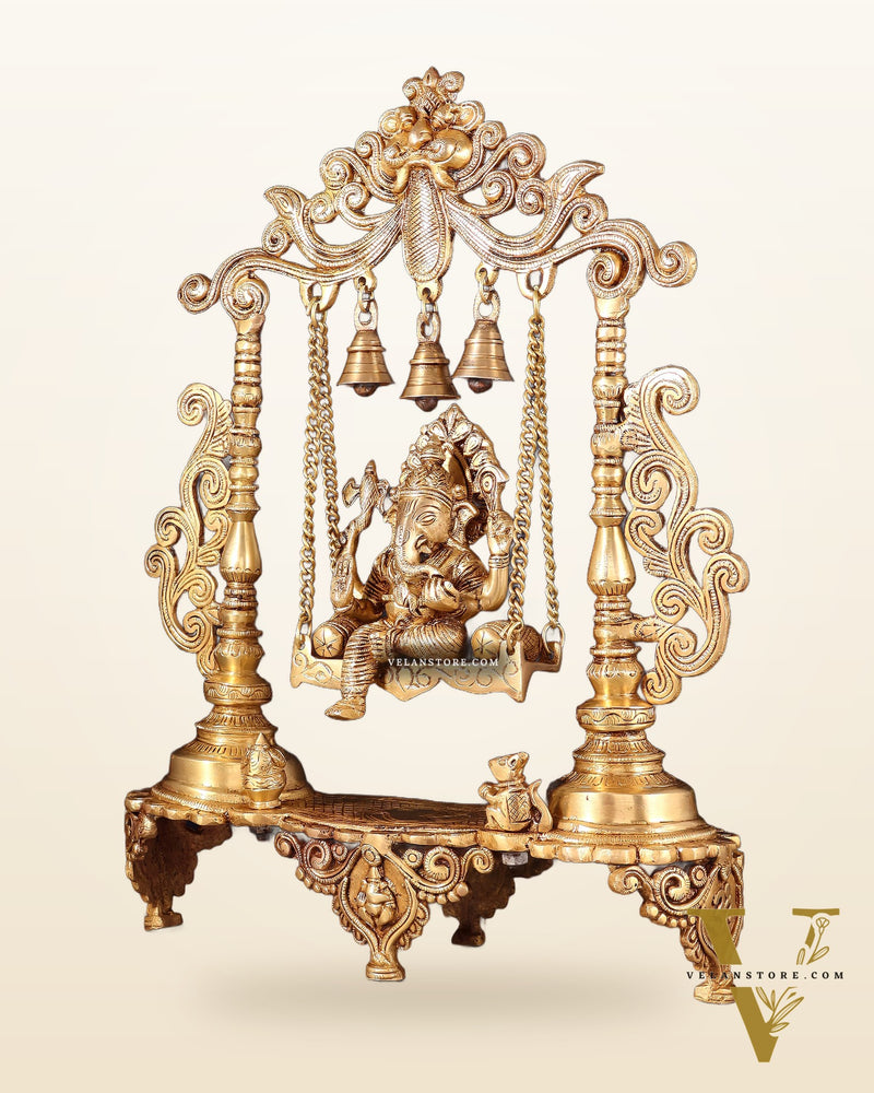 Handcrafted Ganesha on a Swing idol - Superfine Brass, 20"