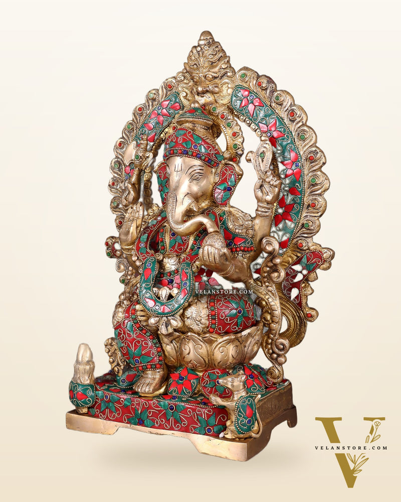 Handcrafted Ganesha Statue 18 inch floral stonework