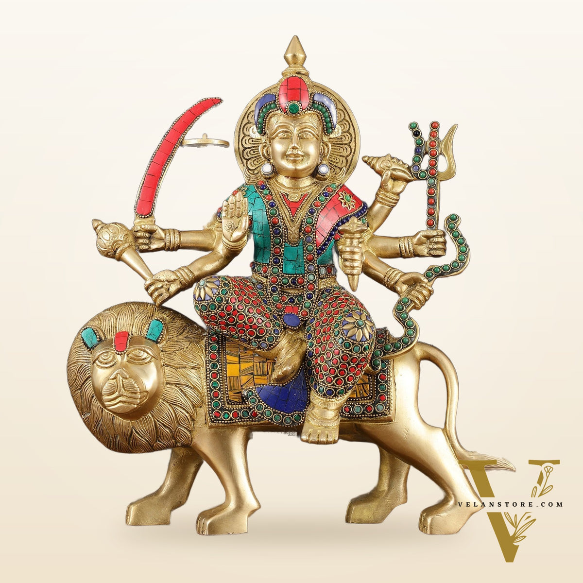Handcrafted Goddess Durga/Sherawali Mata Statue – 14" Height, Intricate Stonework