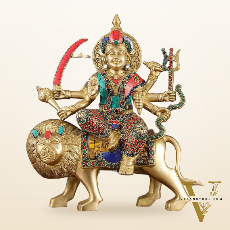 Handcrafted Goddess Durga/Sherawali Mata Statue – 14" Height, Intricate Stonework
