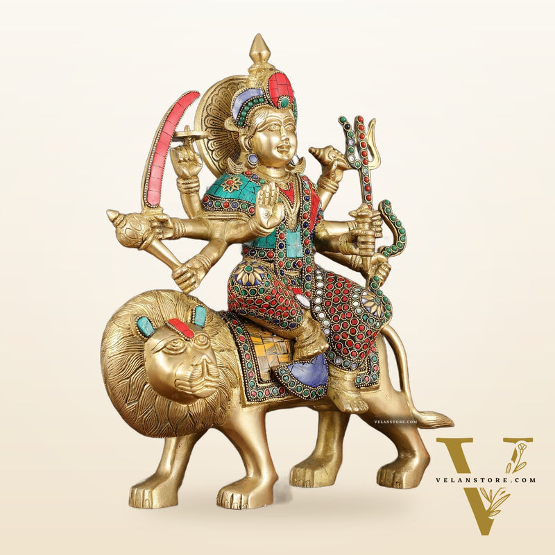 Handcrafted Goddess Durga/Sherawali Mata Statue – 14" Height, Intricate Stonework