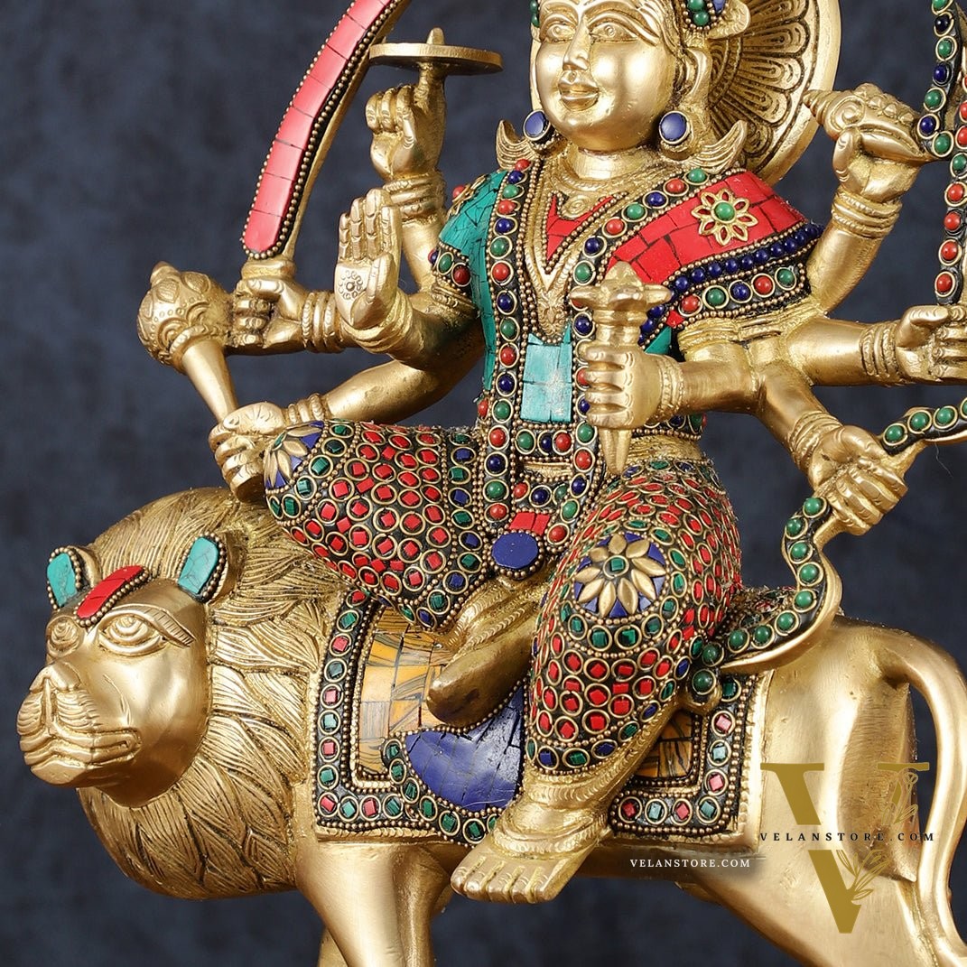Handcrafted Goddess Durga/Sherawali Mata Statue – 14" Height, Intricate Stonework