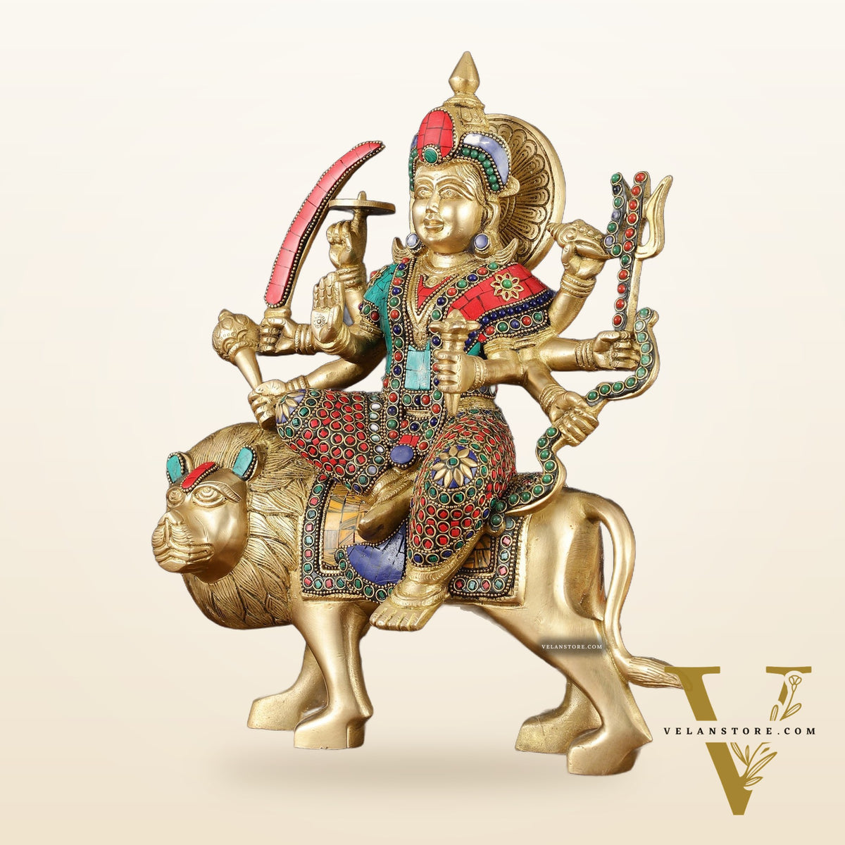 Handcrafted Goddess Durga/Sherawali Mata Statue – 14" Height, Intricate Stonework