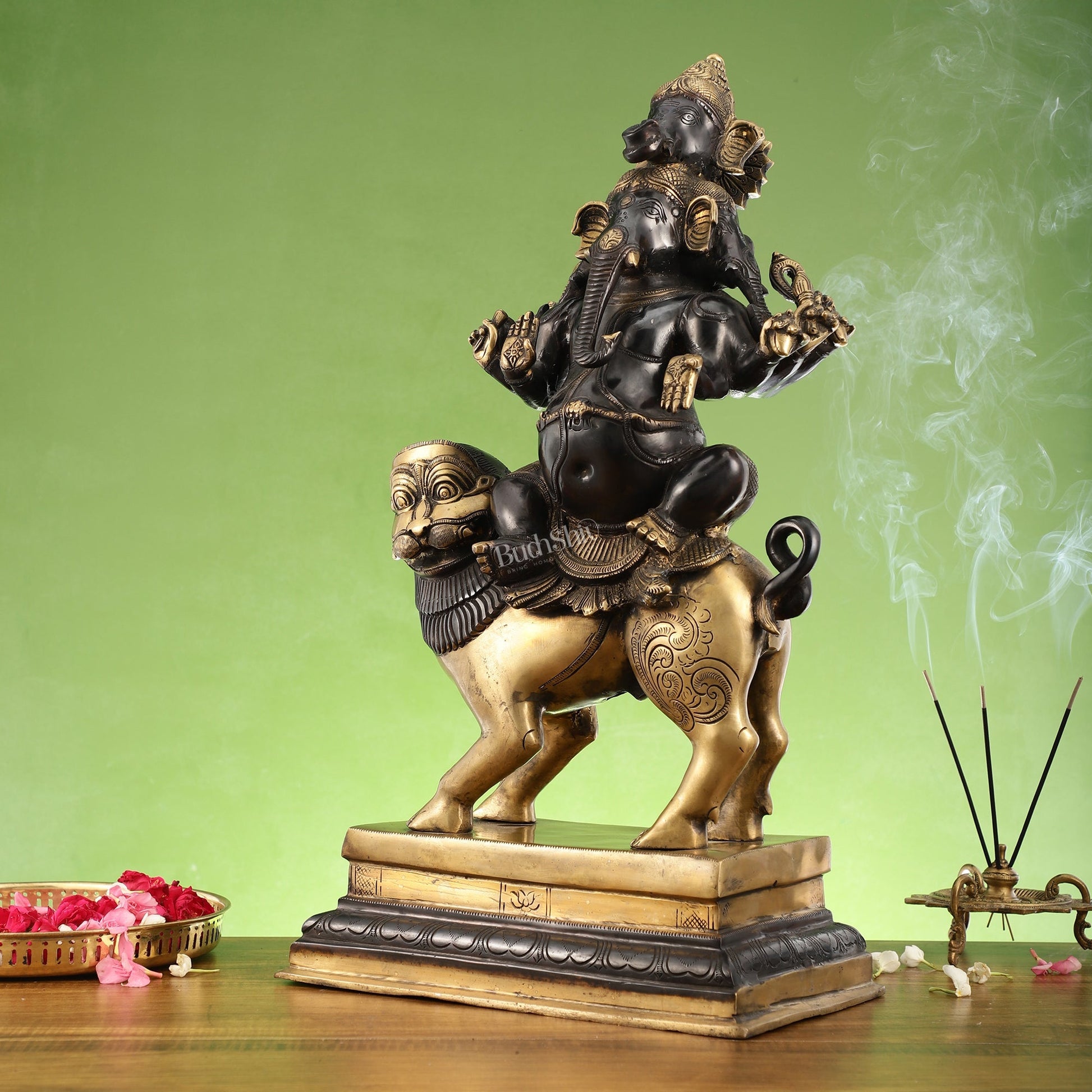 Brass Panchmukhi Ganesha seated on lion |  Heramba Statue 22.5"