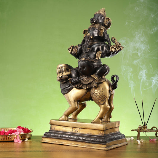Brass Panchmukhi Ganesha seated on lion |  Heramba Statue 22.5"