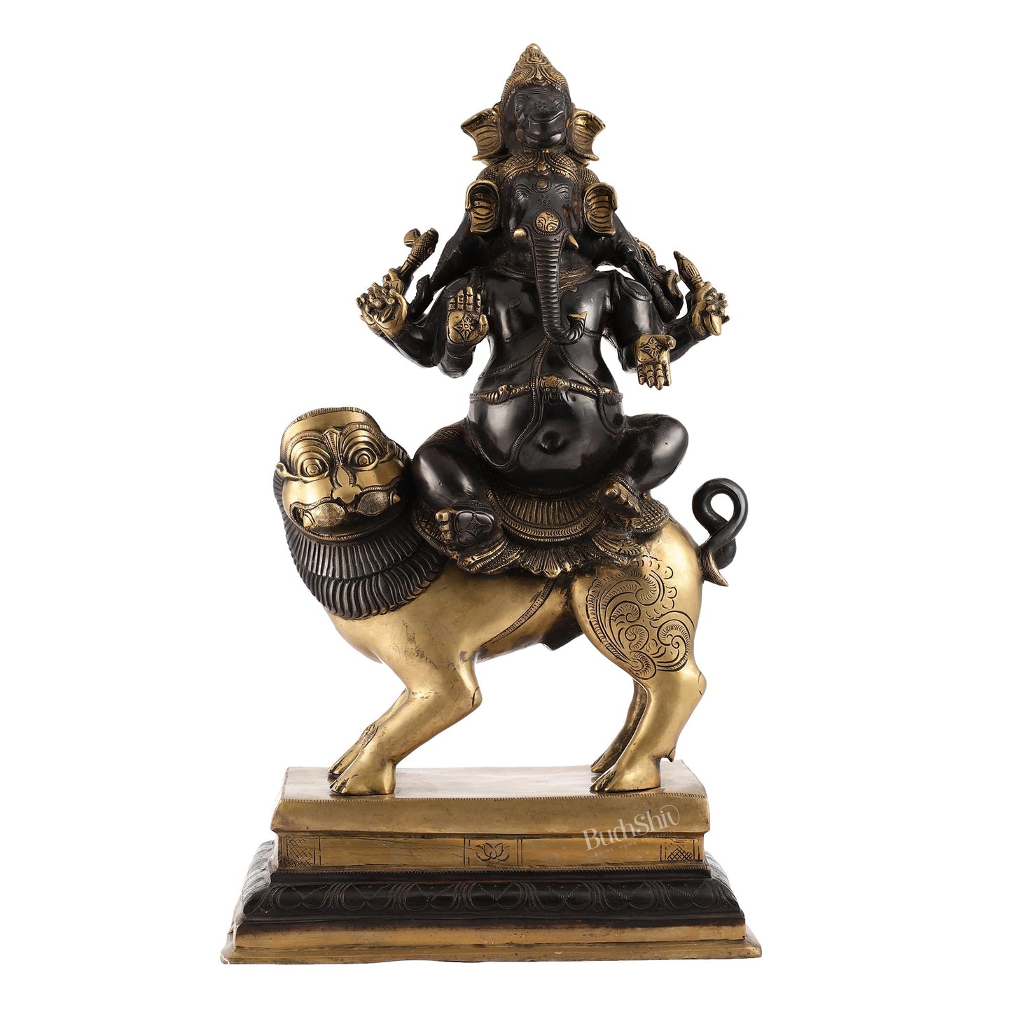 Brass Panchmukhi Ganesha seated on lion |  Heramba Statue 22.5"
