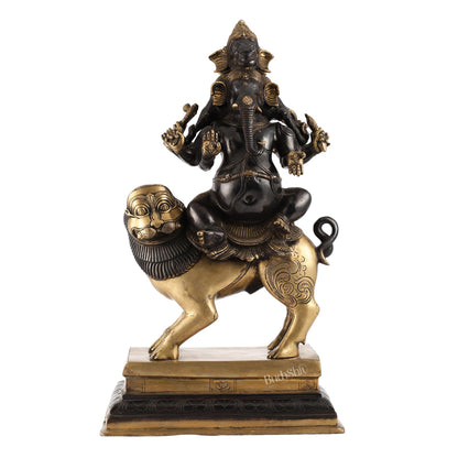 Brass Panchmukhi Ganesha seated on lion |  Heramba Statue 22.5"