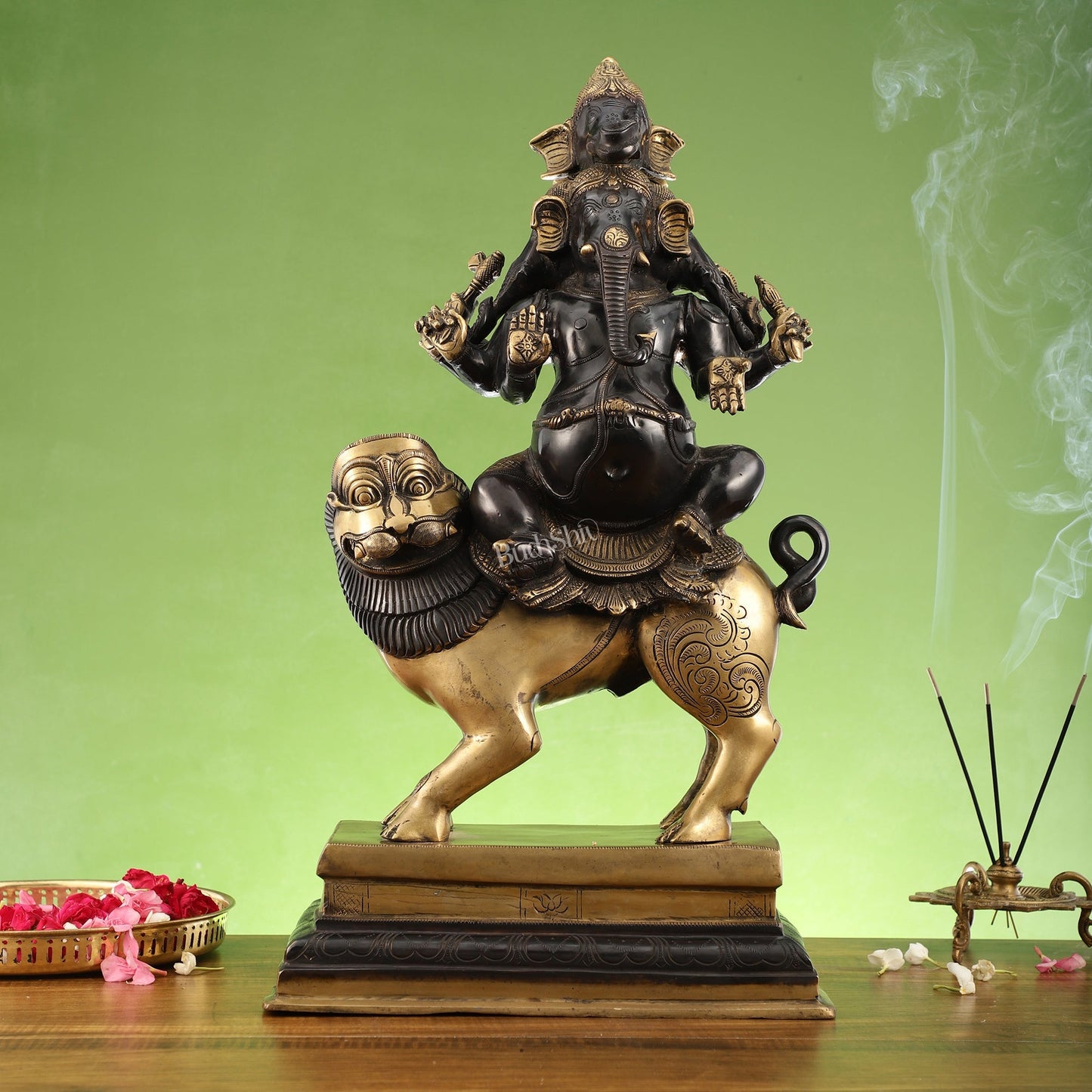Brass Panchmukhi Ganesha seated on lion |  Heramba Statue 22.5"