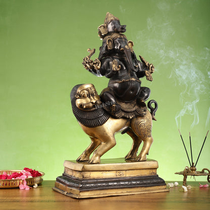 Brass Panchmukhi Ganesha seated on lion |  Heramba Statue 22.5"
