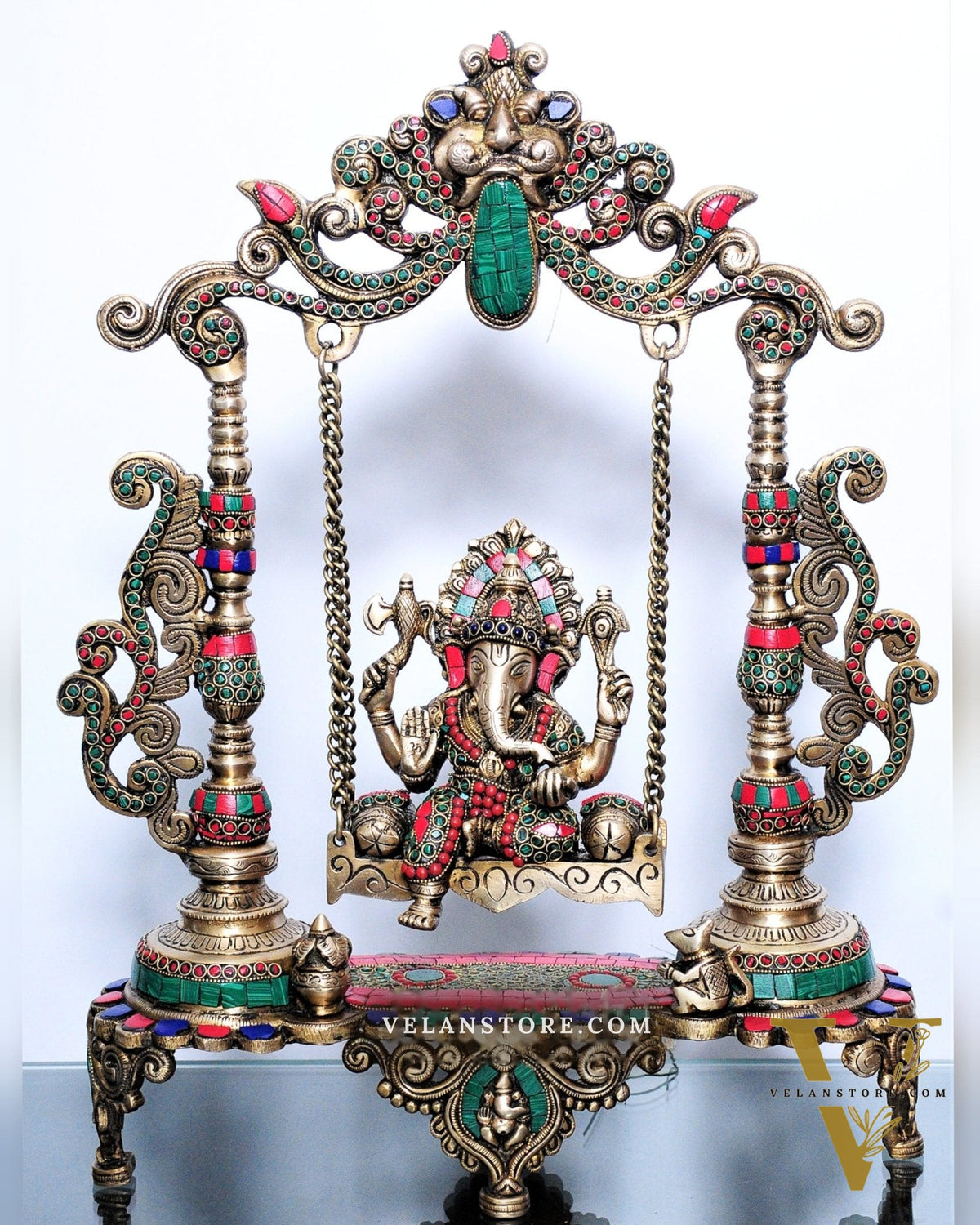 Handcrafted Kirtimukha Ganesha on a Swing with Stonework - Superfine Brass, 20" Height