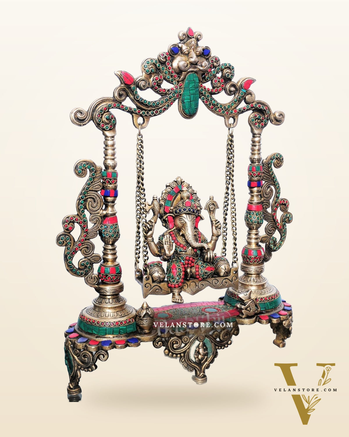 Handcrafted Kirtimukha Ganesha on a Swing with Stonework - Superfine Brass, 20" Height