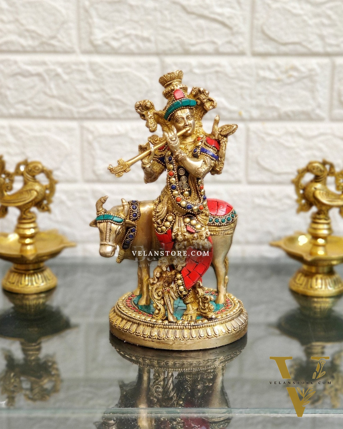 Handcrafted Krishna with Cow Brass Idol 10 inch