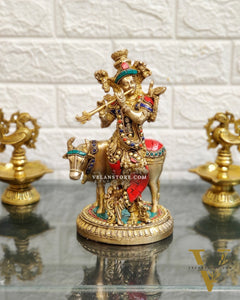 Handcrafted Krishna with Cow Brass Idol 10 inch