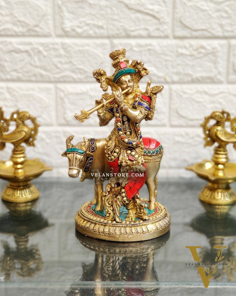 Handcrafted Krishna with Cow Brass Idol 10 inch