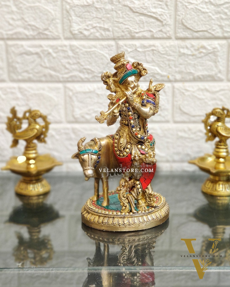Handcrafted Krishna with Cow Brass Idol 10 inch