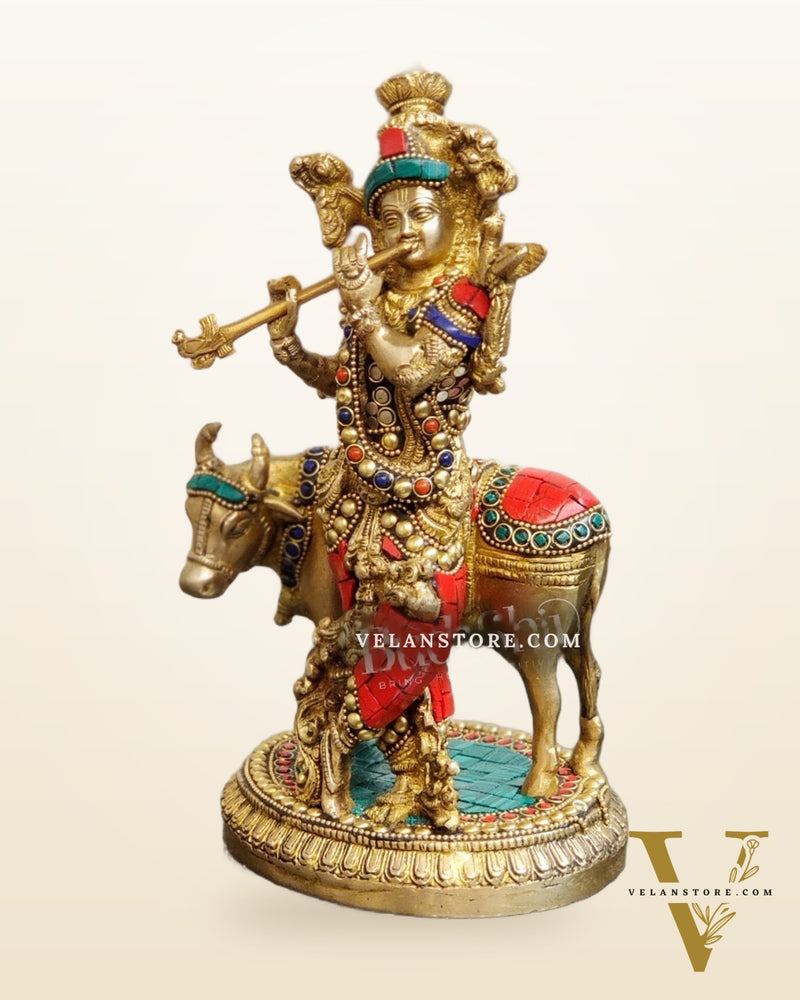Handcrafted Krishna with Cow Brass Idol 10 inch