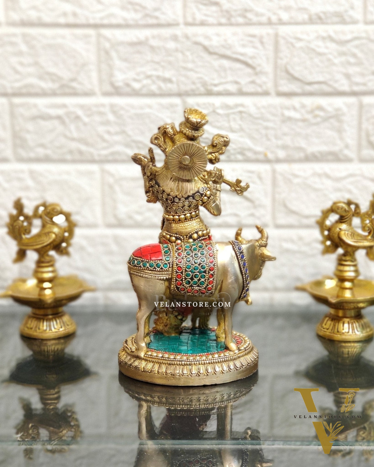 Handcrafted Krishna with Cow Brass Idol 10 inch