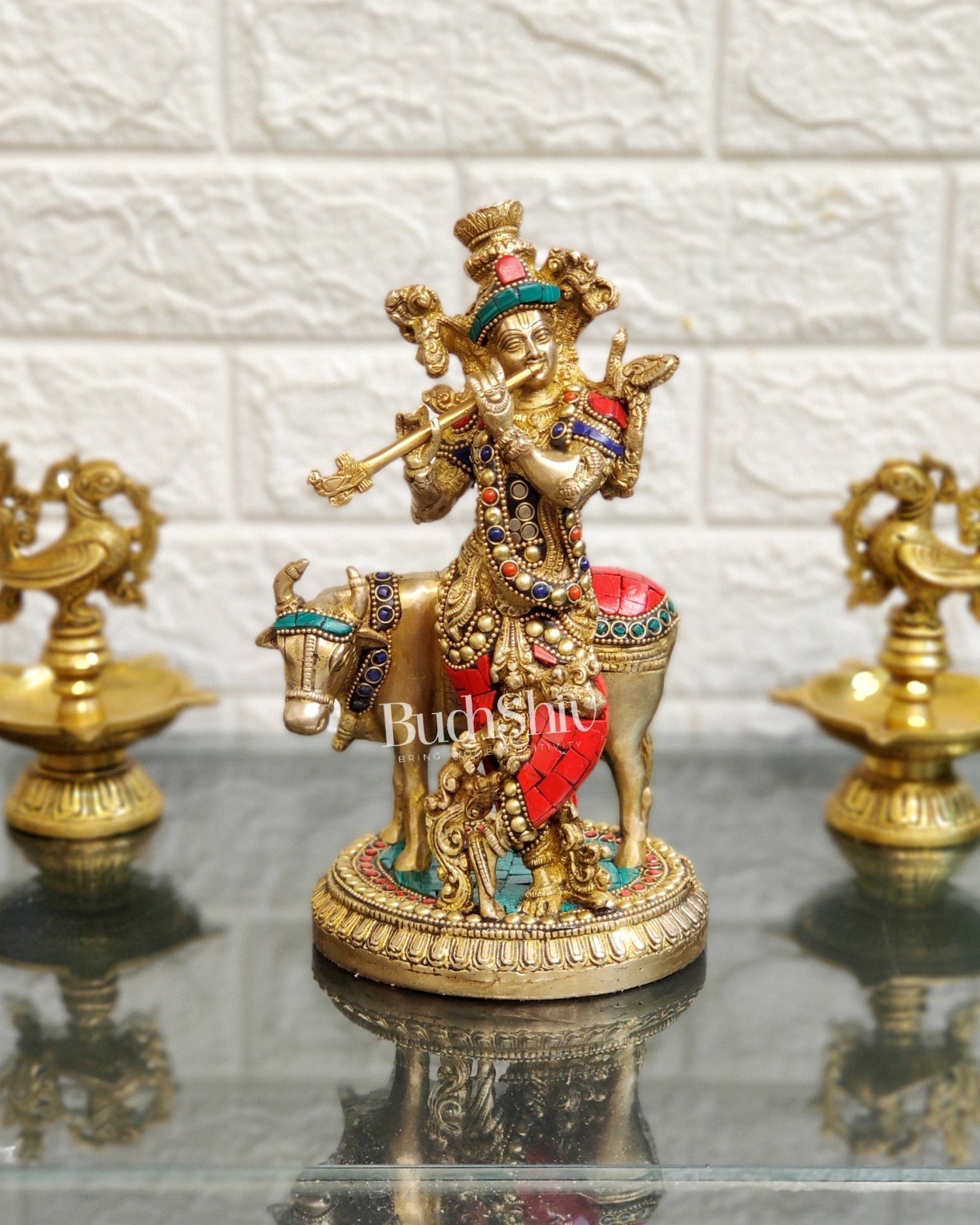 Handcrafted Krishna with Cow Brass Idol 10 inch