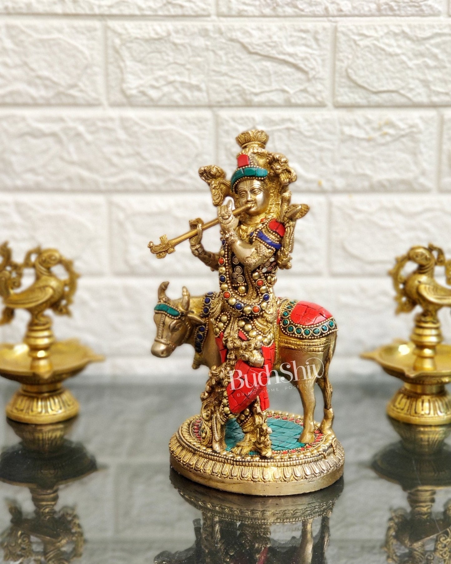 Handcrafted Krishna with Cow Brass Idol 10 inch