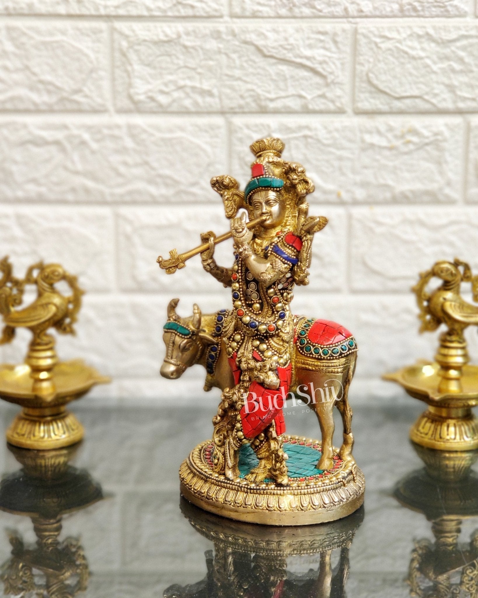 Handcrafted Krishna with Cow Brass Idol 10 inch