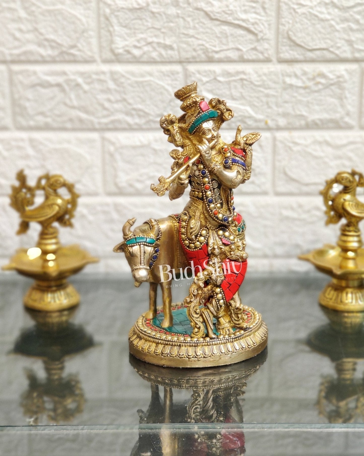 Handcrafted Krishna with Cow Brass Idol 10 inch