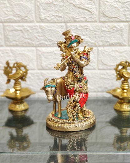 Handcrafted Krishna with Cow Brass Idol 10 inch