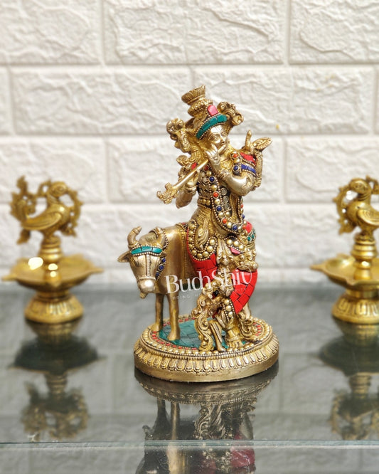 Handcrafted Krishna with Cow Brass Idol 10 inch
