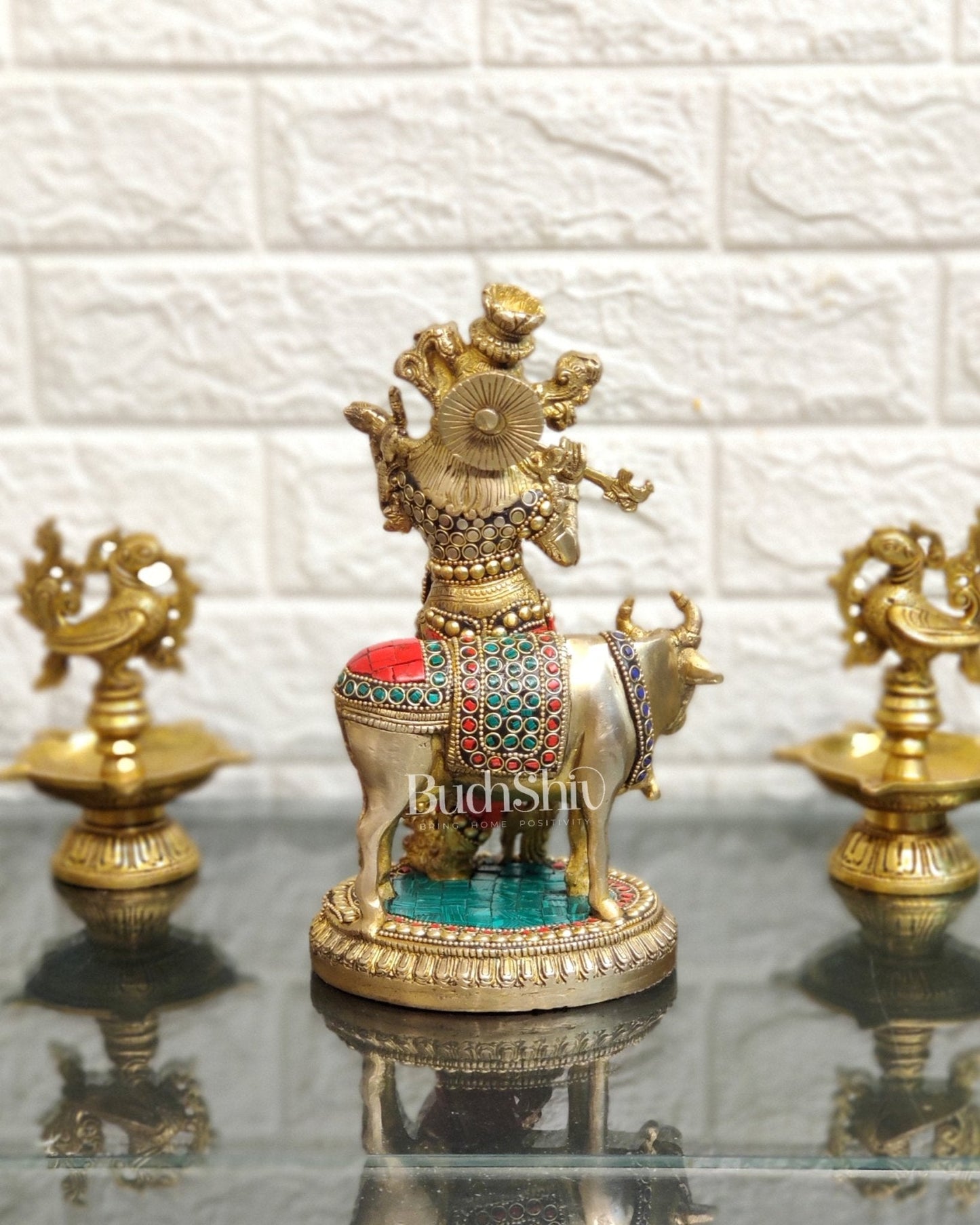 Handcrafted Krishna with Cow Brass Idol 10 inch