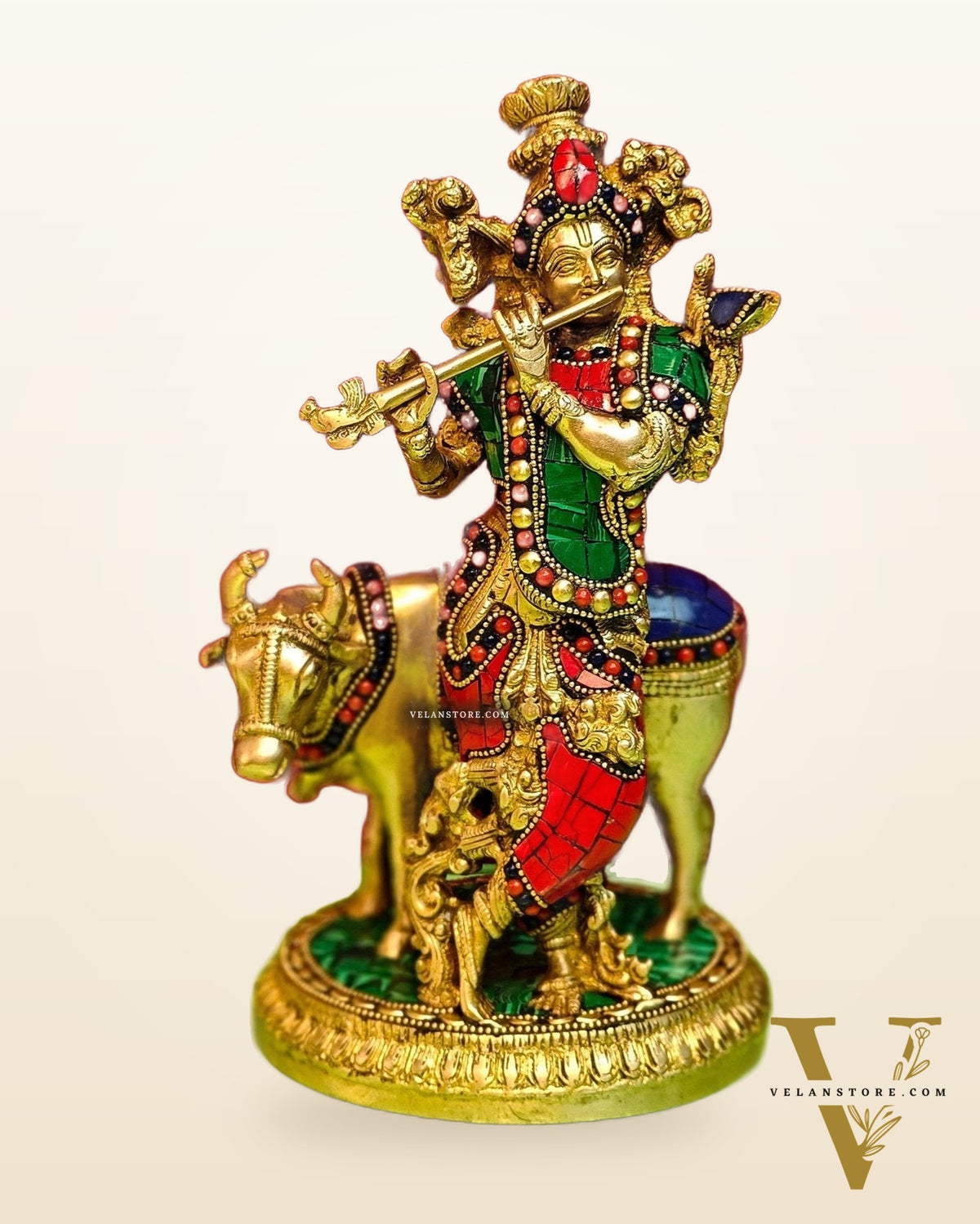 Handcrafted Krishna with Cow Brass Idol 10.5 inch
