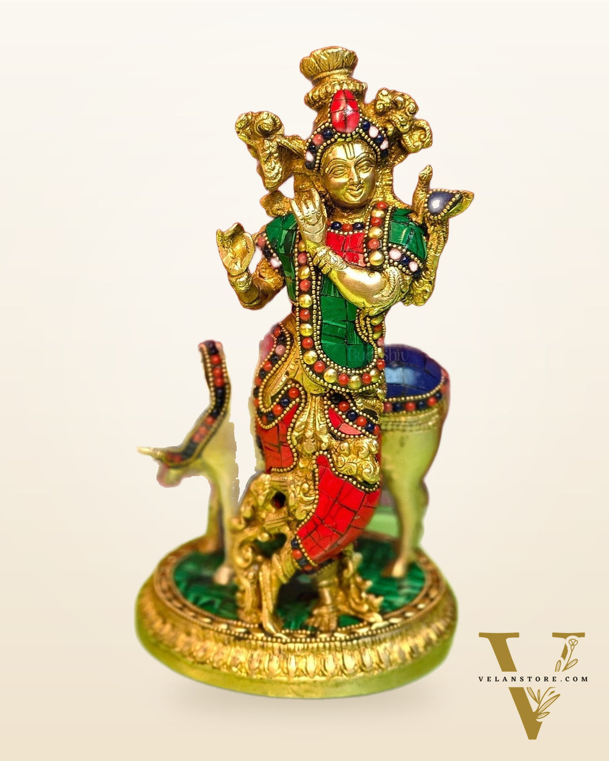 Handcrafted Krishna with Cow Brass Idol 10.5 inch