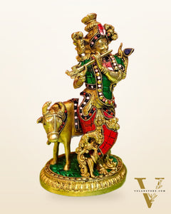 Handcrafted Krishna with Cow Brass Idol 10.5 inch