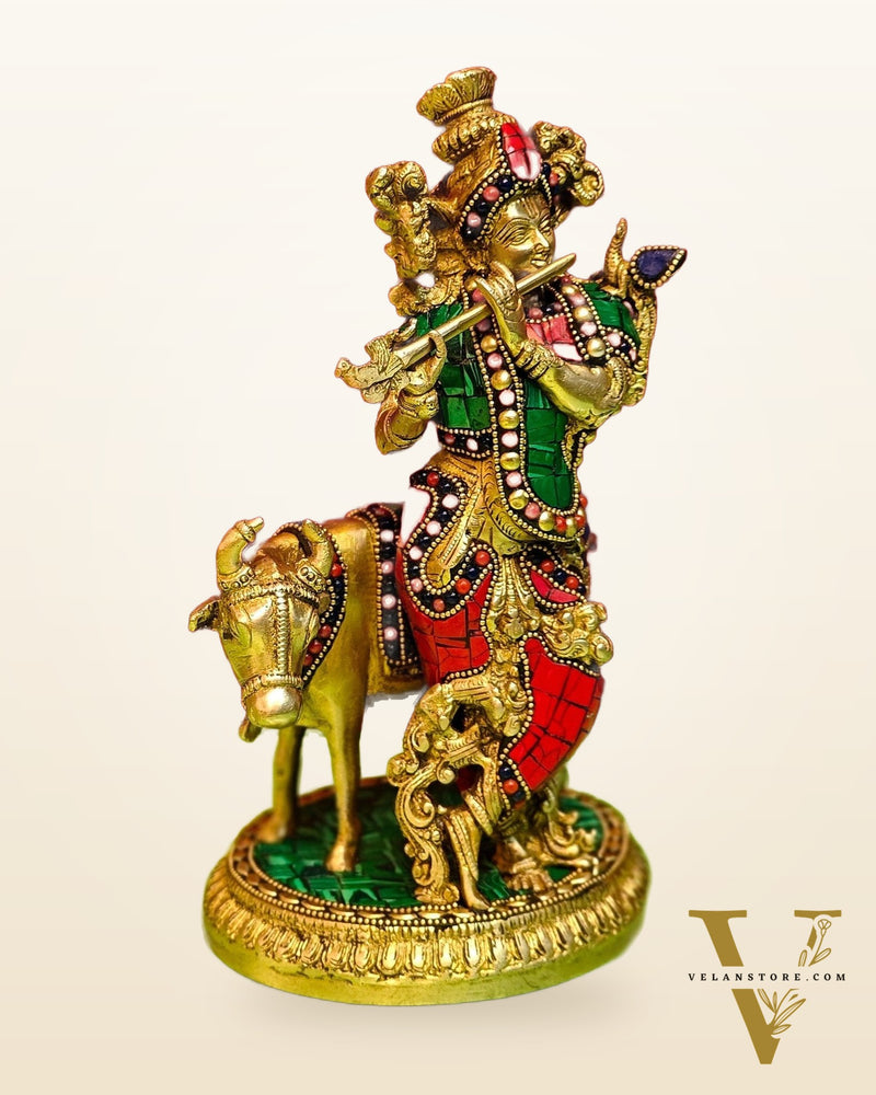 Handcrafted Krishna with Cow Brass Idol 10.5 inch