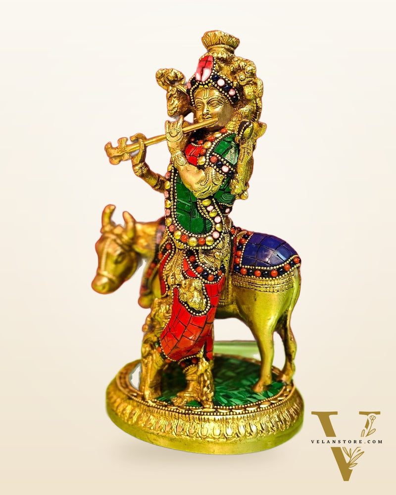 Handcrafted Krishna with Cow Brass Idol 10.5 inch