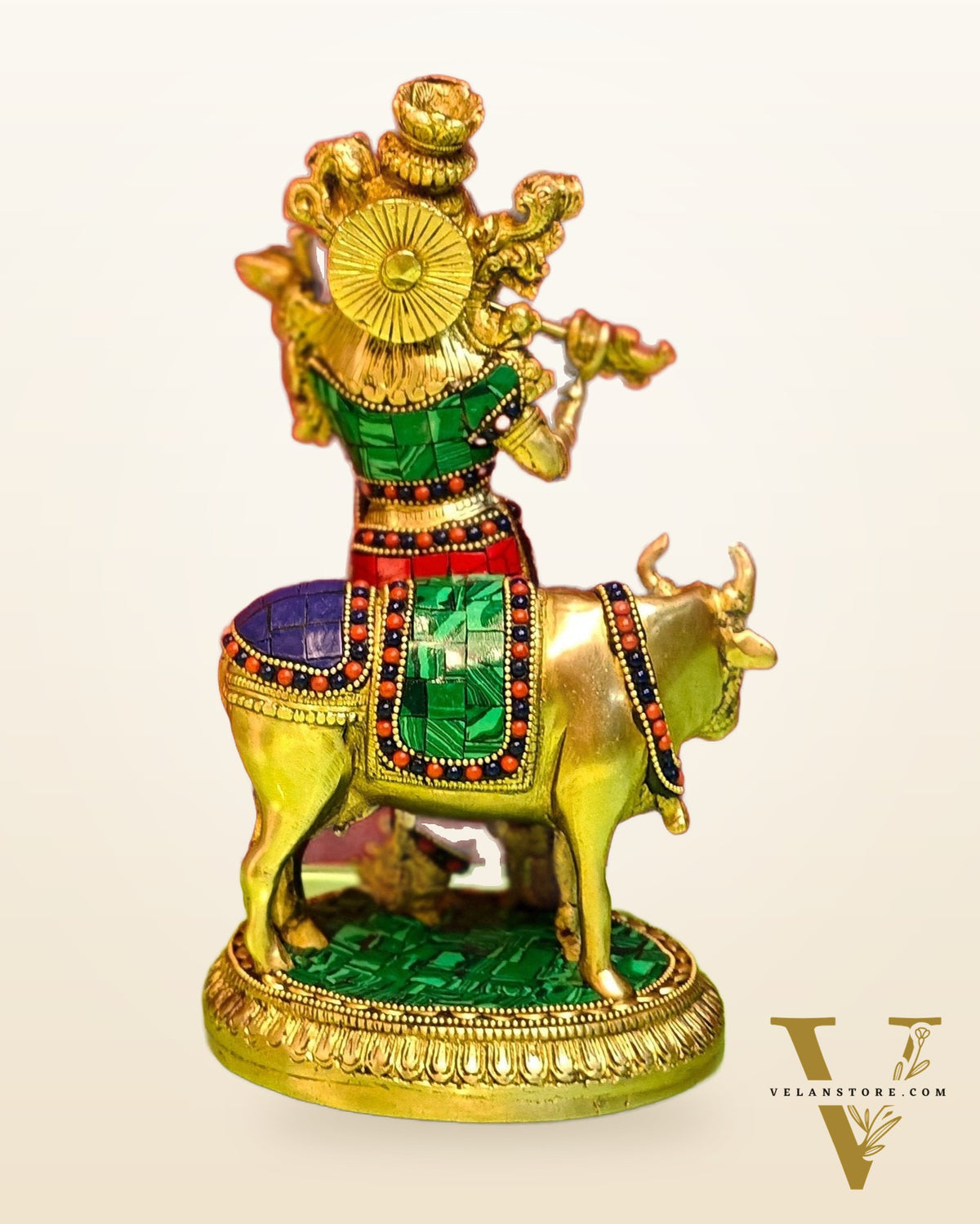 Handcrafted Krishna with Cow Brass Idol 10.5 inch