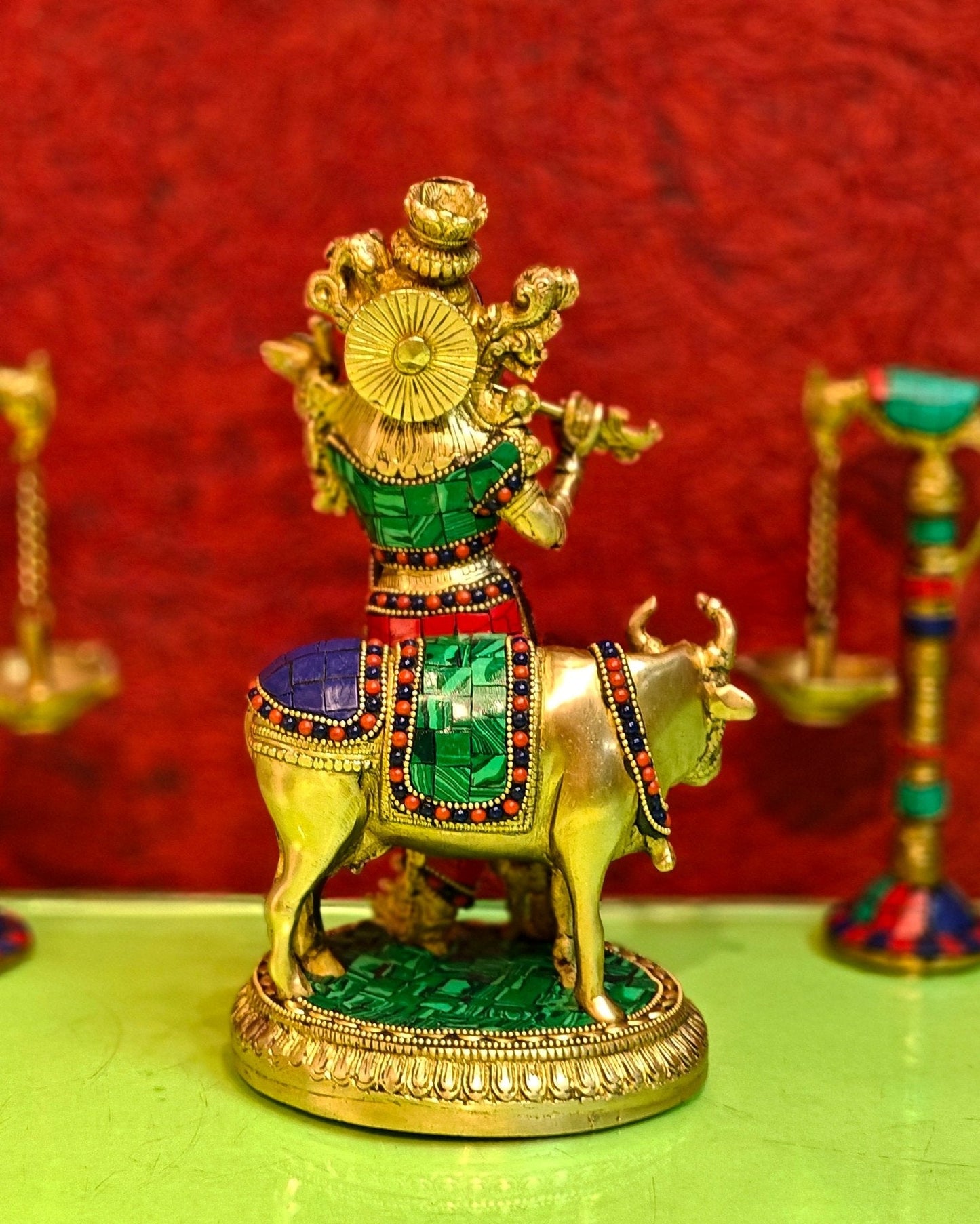 Handcrafted Krishna with Cow Brass Idol 10.5 inch