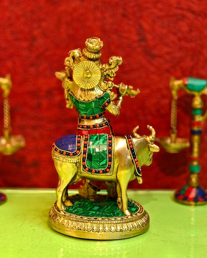 Handcrafted Krishna with Cow Brass Idol 10.5 inch