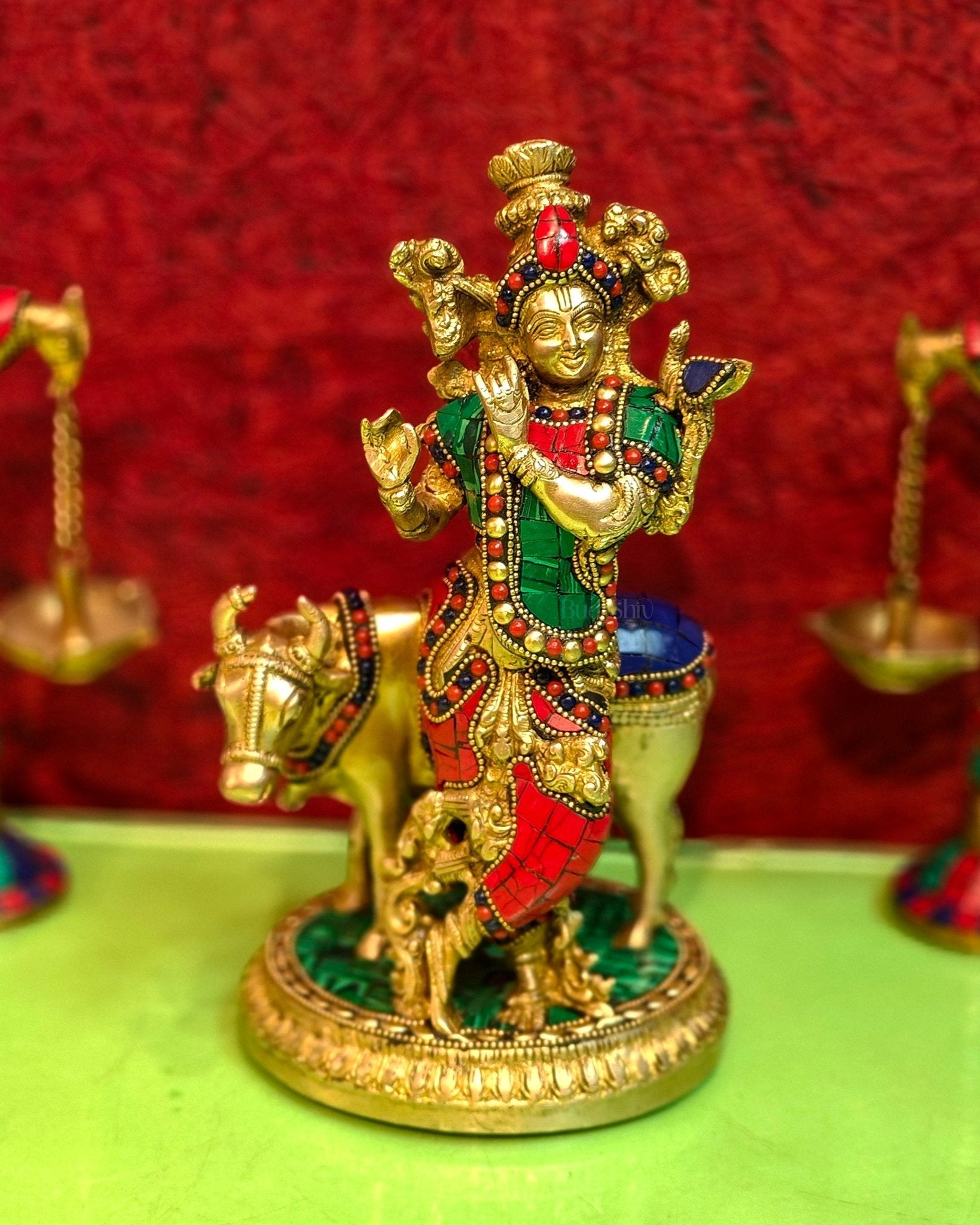 Handcrafted Krishna with Cow Brass Idol 10.5 inch