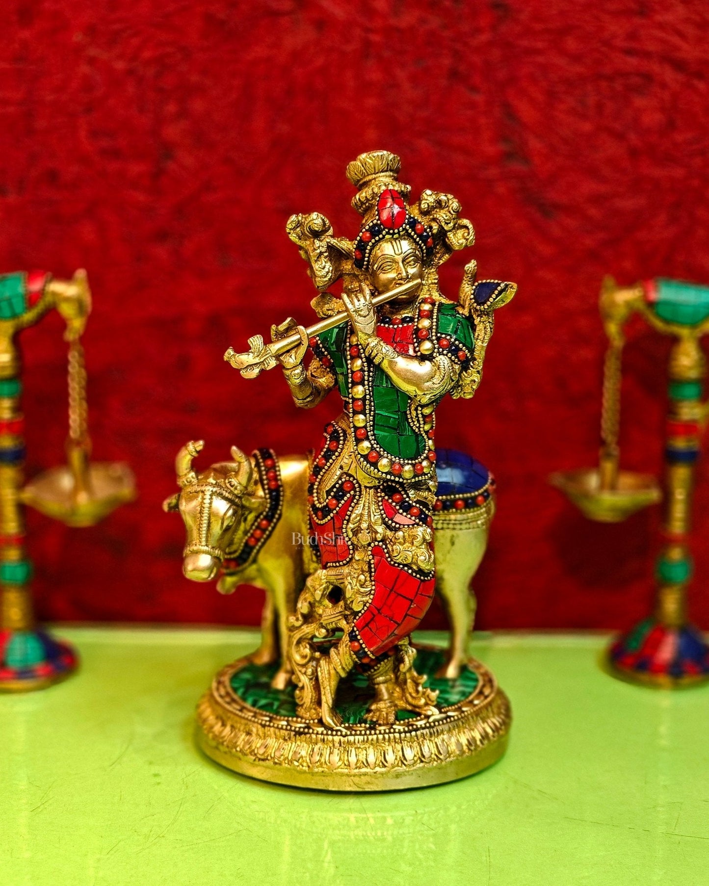 Handcrafted Krishna with Cow Brass Idol 10.5 inch