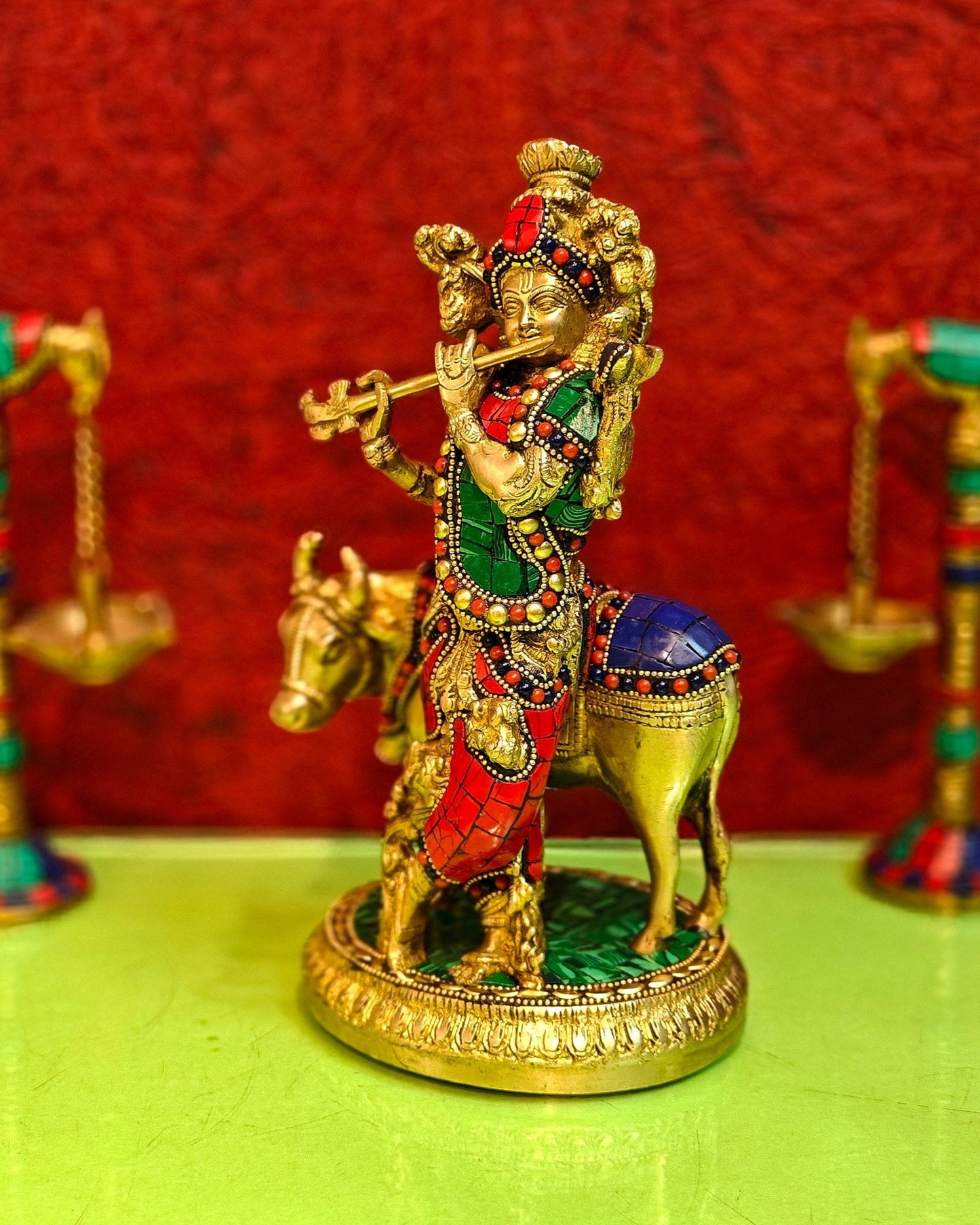 Handcrafted Krishna with Cow Brass Idol 10.5 inch