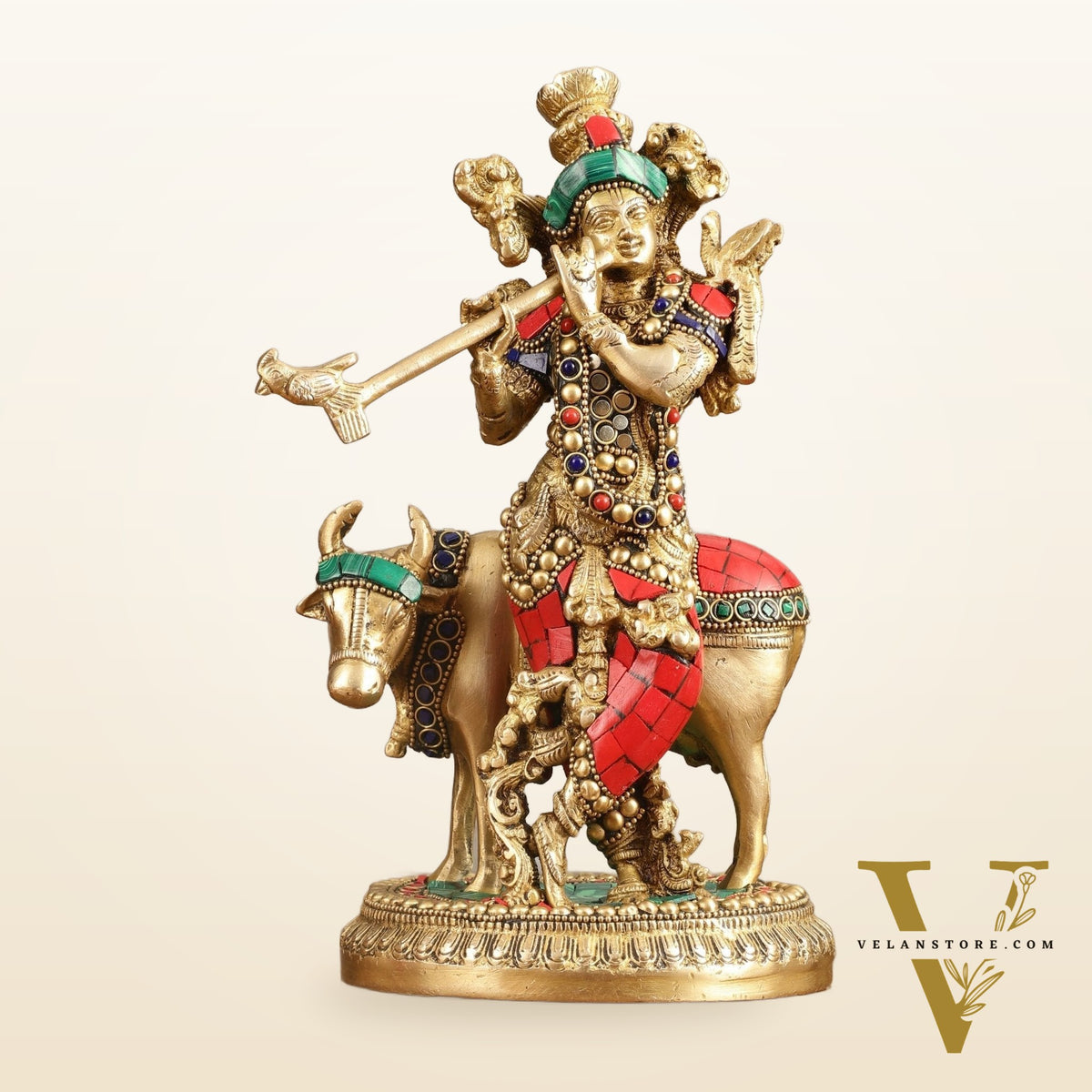 Handcrafted Krishna with Cow Brass Idol with Stonework - 10.5" Height
