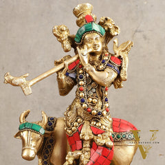 Handcrafted Krishna with Cow Brass Idol with Stonework - 10.5" Height