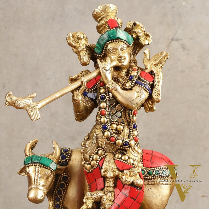 Handcrafted Krishna with Cow Brass Idol with Stonework - 10.5" Height