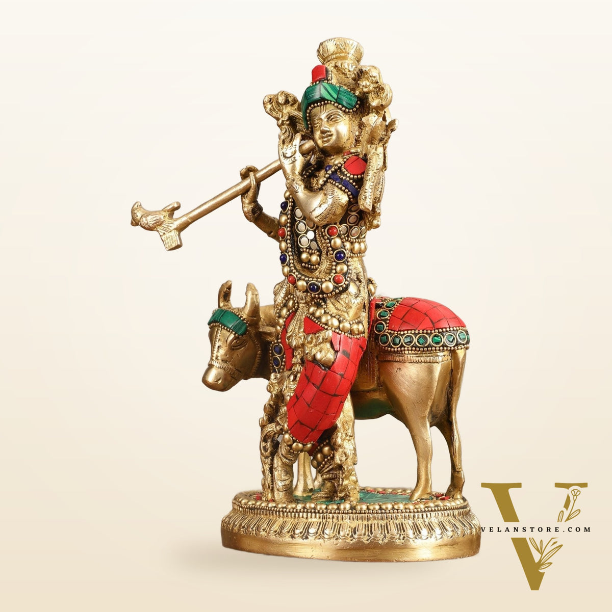 Handcrafted Krishna with Cow Brass Idol with Stonework - 10.5" Height