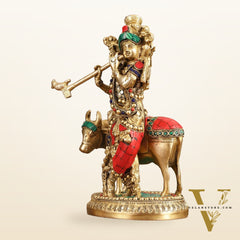 Handcrafted Krishna with Cow Brass Idol with Stonework - 10.5" Height
