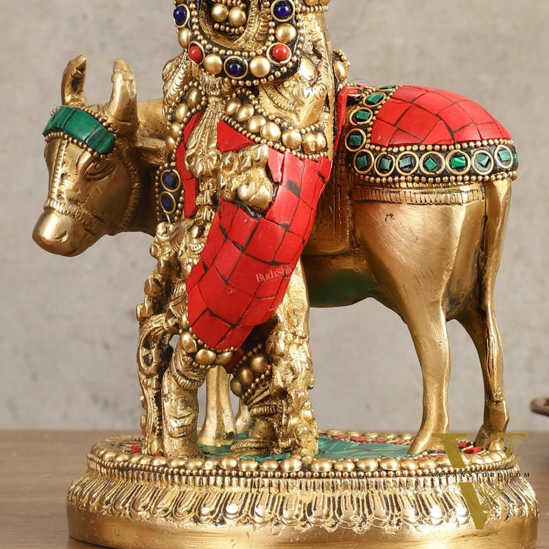 Handcrafted Krishna with Cow Brass Idol with Stonework - 10.5" Height