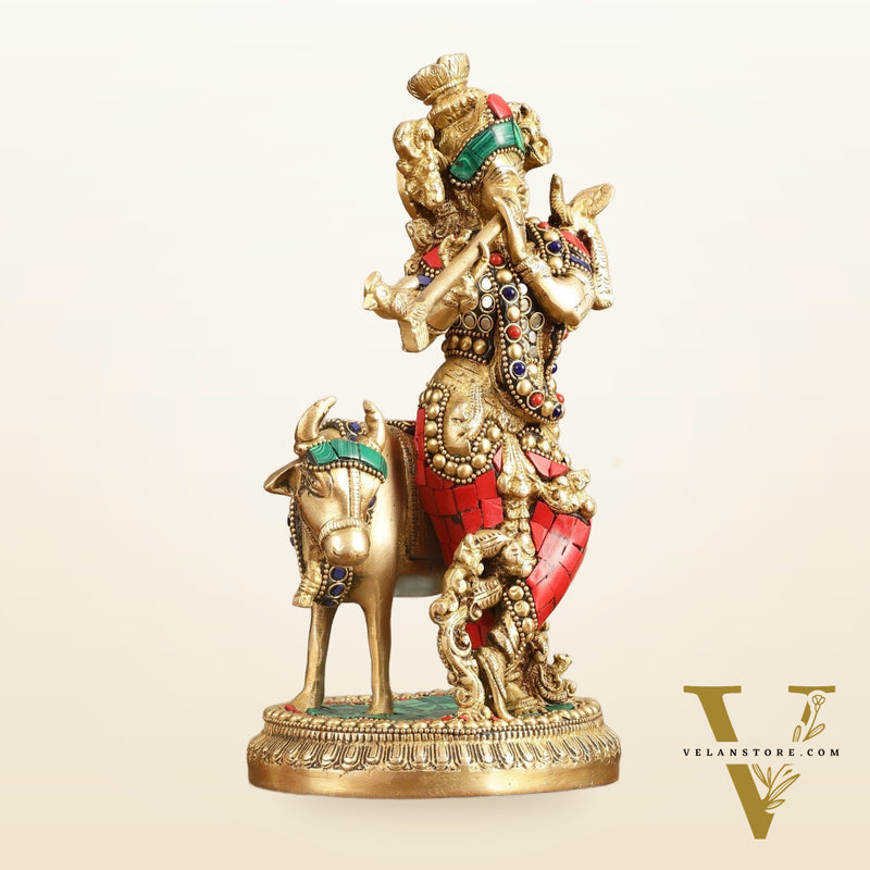 Handcrafted Krishna with Cow Brass Idol with Stonework - 10.5" Height