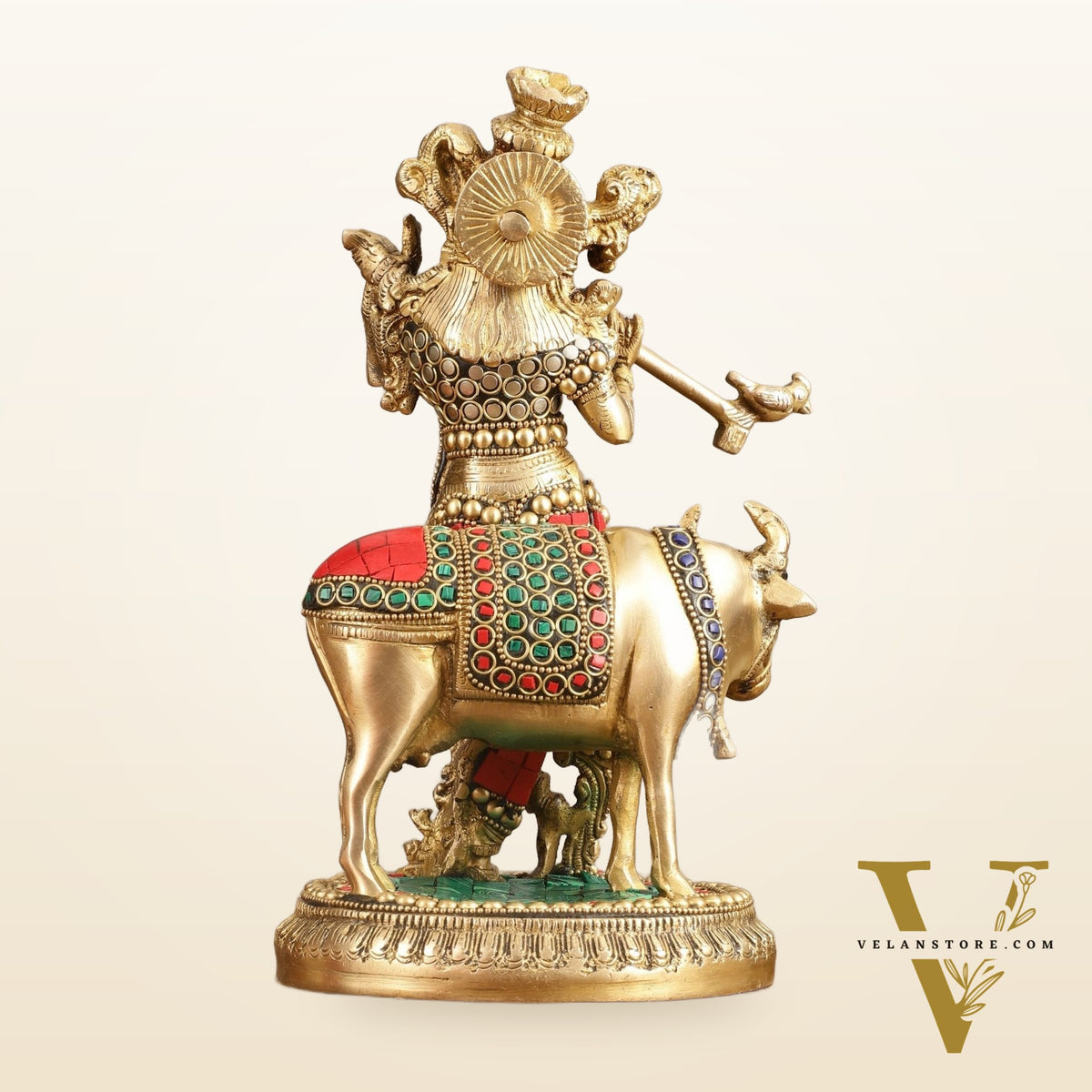 Handcrafted Krishna with Cow Brass Idol with Stonework - 10.5" Height