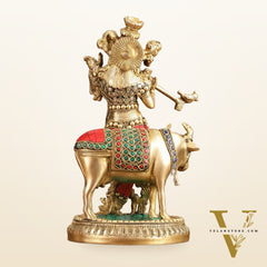 Handcrafted Krishna with Cow Brass Idol with Stonework - 10.5" Height