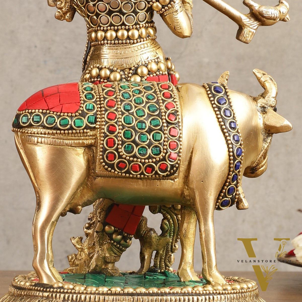 Handcrafted Krishna with Cow Brass Idol with Stonework - 10.5" Height